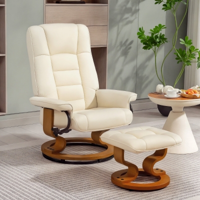 HOMCOM Sillón de relax reclinable con reposapiés, giratorio, marco de madera, revestimiento sintético crema