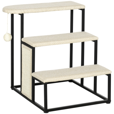 PawHut Escalera para Mascotas con 3 Escalones Bola Colgante Tablero de Rascar y Marco de Acero 47x45x47 cm Crema y Negro