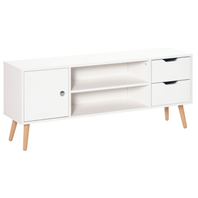 HOMCOM Mueble de TV para Televisiones de 50" Mesa de Salón con Puerta 2 Estantes Abiertos y 2 Cajones 120x28x44 cm Blanco