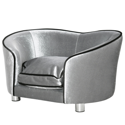 PawHut Dog Sofa Pet Chair, Kitten Bed Couch w/ Wooden Frame, Removable Cushion - Silver-Tone and Grey