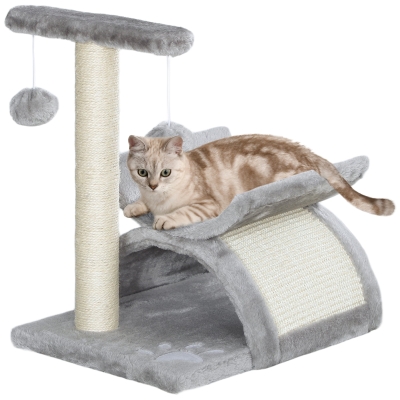 PawHut Árvore Arranhador para Gatos Pequena com Poste Giratório Bolas Suspensas Plataforma Curva e Esconderijo 40x30x43 cm Cinza