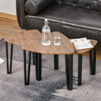 HOMCOM Nest of Tables, Coffee Table Set of 3, Triangle Nesting Tables with Metal Legs, Industrial End Side Table for Living Room, Walnut Wood Grain