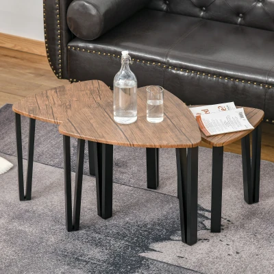 HOMCOM Nest of Tables, Coffee Table Set of 3, Triangle Nesting Tables with Metal Legs, Industrial End Side Table for Living Room, Walnut Wood Grain