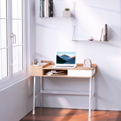 HOMCOM Computer Desk Compact Writing Desk with Drawer, Storage Compartments and Cable Management for Home Office and Study, Oak and White
