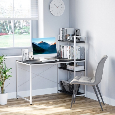 HOMCOM Computer Desk with Storage Shelves, Industrial Writing Table, Study Workstation for Home Office with Metal Frame, Black and White