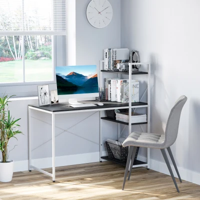 HOMCOM Computer Desk with Storage Shelves, Industrial Writing Table, Study Workstation for Home Office with Metal Frame, Black and White