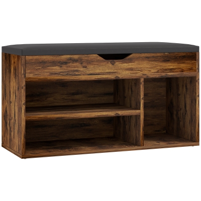 HOMCOM Mueble Zapatos Banco de Zapatos 2 Niveles de Almacenamiento, Nicho + Cofre integrado con Cojín Efecto madera de caoba