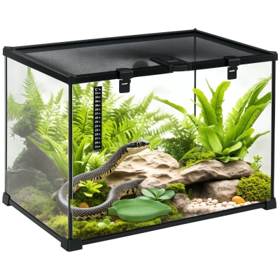 PawHut Terrarium für Reptilien Reptile Fütterungsbox Glasterrarium Amphibien Spinnentiere mit Thermometer Reptilienzuchtbox für Schnecken Amphibien Insekten Schildkröten Schwarz 50 x 30 x 35 cm