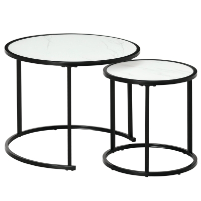 HOMCOM Juego de 2 Mesas Auxiliares Redondas Apilables Mesas Nidos con Encimera en Efecto de Mármol Ø60x46 cm y Ø40x40 cm Blanco