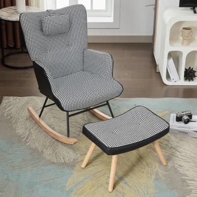 Fabric Rocking Chair with Solid Wood Legs, White+Black