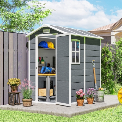 Outsunny Tuinschuur, Kunststof Tuinhuis met Vloer, Venster, Vergrendelbare Deuren, voor Tuin, 131B x 186D x 198H cm, Grijs