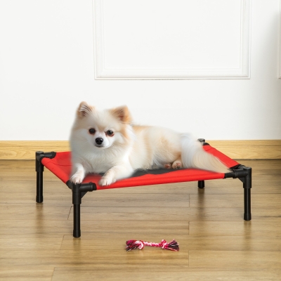 PawHut Raised Dog Bed, Elevated Lifted Portable Pet Cat Camping with Metal Frame, for Small Dogs Black and Red