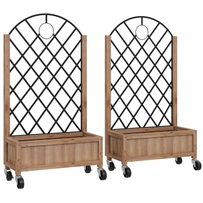 Outsunny 2 Jardineras de Madera Elevadas con Enrejado Metálico para Plantas Trepadoras y Flores 52x25x97 cm Marrón y Negro