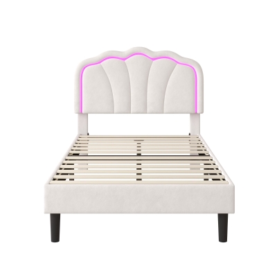 Single Upholstered Bed Frame with Adjustable Shell Headboard and RGB LED, White
