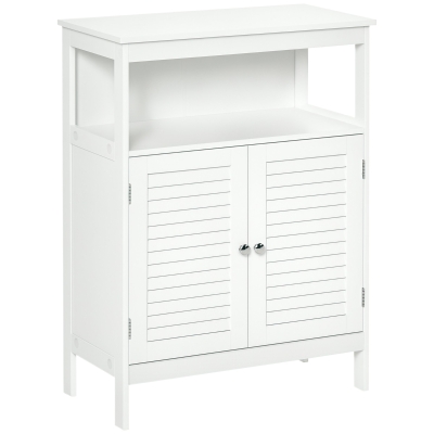 kleankin Mueble Auxiliar de Baño Armario para Baño con 2 Puertas de Persianas Estante Abierto Gran Espacio de Almacenamiento Diseño Moderno 60x30x81,6 cm Blanco