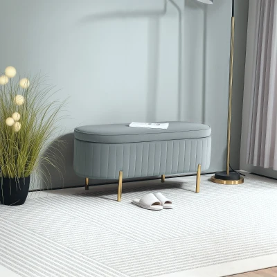 HOMCOM Banc Rangement Velours 72L Pieds Métal Gris 108cm
