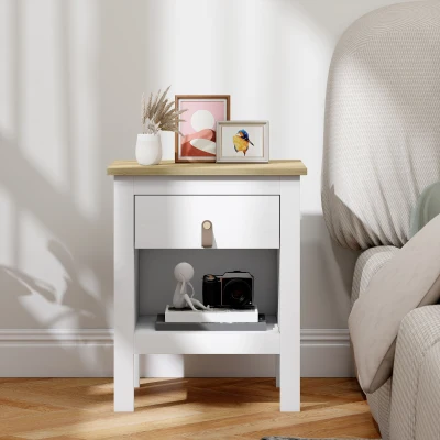 HOMCOM Mesa de Cabeceira Moderna Mesa de Cabeceira com 1 Gaveta Compartimento Aberto Puxador de PU  45x40x55 cm Branco