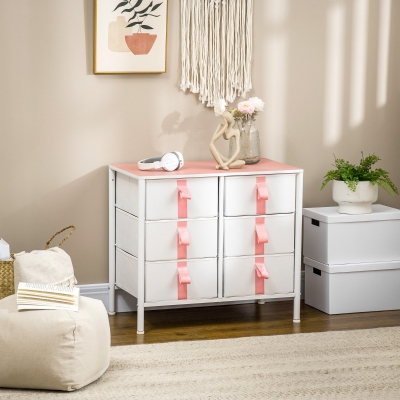 HOMCOM Bedroom Chest of Drawers, Cloth Organizer Unit with Fabric Drawers and Steel Frame, 6 Drawer Dresser, Pink