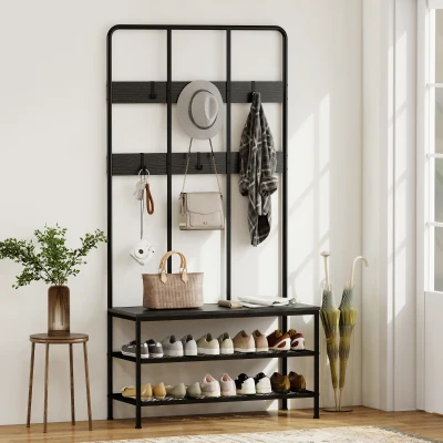 HOMCOM 3-in-1 Garderobenständer, Kleiderhaken, Sitzbank, Schuhregal, Metall, Spanplatte, Schwarz