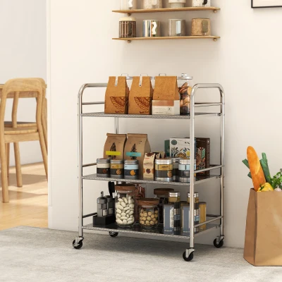 HOMCOM Carrito Auxiliar con Ruedas de Acero Inoxidable Carro de Servicio de 3 Niveles con Estante Ajustable 60x35x77 cm Plata