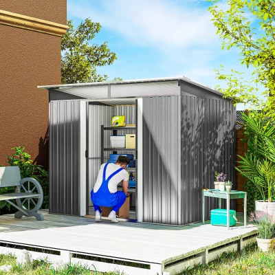 Outsunny Abrigo de Jardim 4,5 m² 260x194x200 cm Abrigo Exterior Metálico com 2 Portas Deslizantes para Armazenamento de Ferramentas Cinza