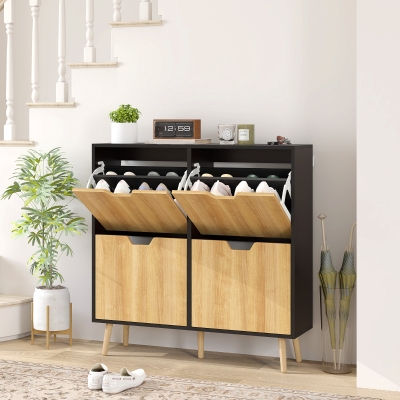 HOMCOM Zapatero Estrecho con 4 Cajones Abatibles y Estantes Ajustables para 16 Pares 95x26x95 cm Natural y Negro