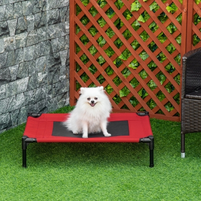PawHut Cooling Raised Dog Bed, Portable Elevated Cat Camping Bed with Metal Frame Black and Red, for Medium Dogs