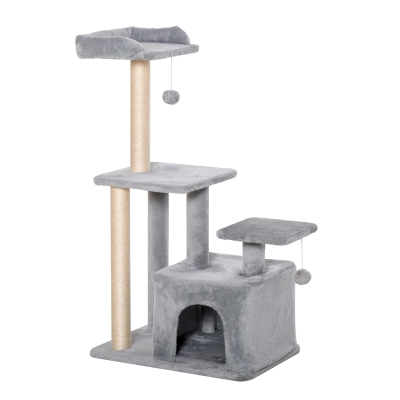 PawHut Arranhador para Gatos Altura 114 cm com Postes de Sisal 3 Plataformas Caverna e 2 Bolas Suspensas Cinza Claro
