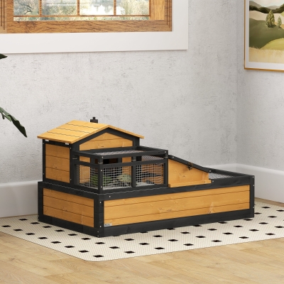 PawHut Maison pour tortues, 2 étages, pour intérieur et extérieur, tiroir, Bois de pin, Jaune