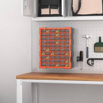 DURHAND 60 Drawers Parts Organiser Wall Mounted Storage Cabinet Garage for Small Nuts Bolts Tools Clear Orange