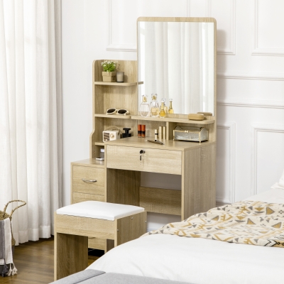 HOMCOM Tocador de Maquillaje con Taburete Espejo 4 Cajones 4 Compartimientos Estilo Moderno 80x38x143 cm Natural
