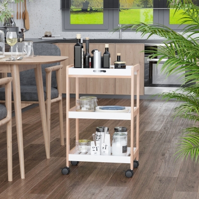 HOMCOM 3-Tier Rolling Kitchen Cart, Utility Trolley, Removable Tray, Slatted Storage Shelves Rack, White
