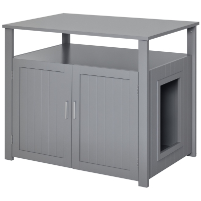 PawHut Wooden Cat Litter Box Enclosure Grey with Tabletop