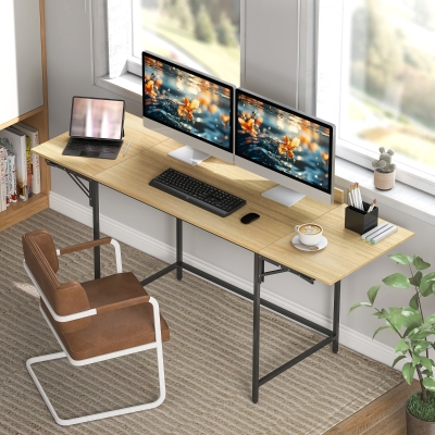 HOMCOM Inklapbare Computertafel met 2 Uittrekbladen, veel ruimte voor monitors, Metalen poten, robuuste constructie, Eiken + Zwart