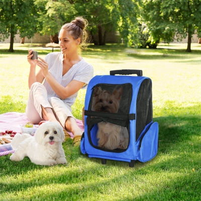 PawHut Pet Carrier on Wheels, 2 in 1 Pet Backpack Cat Puppy Dog Carrier w/ Telescopic Handle for Travel, Blue