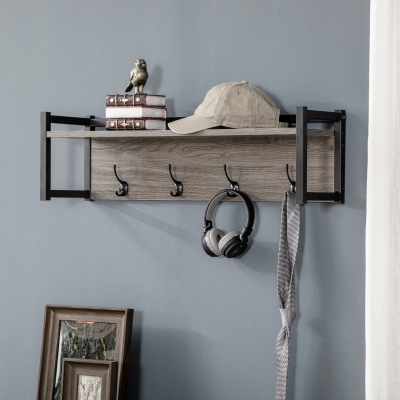 HOMCOM Wall-Mounted Coat Rack, Floating Hanging Shelf with 4 Coat Hooks and Open Shelf, Keyholder for Hallway, Mud Room, Grey