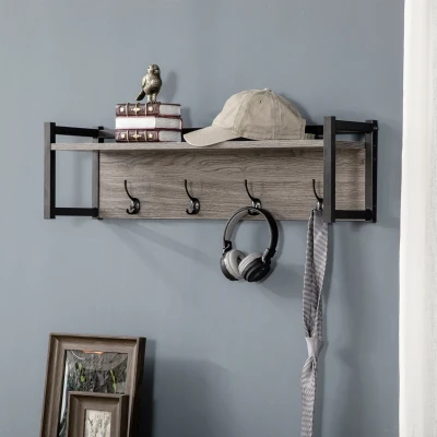 HOMCOM Wall-Mounted Coat Rack, Floating Hanging Shelf with 4 Coat Hooks and Open Shelf, Keyholder for Hallway, Mud Room, Grey