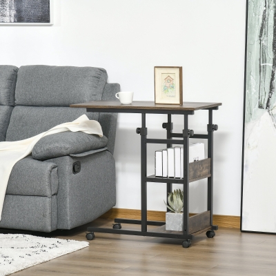 HOMCOM 3-Tier Mobile Side Table, C-Shaped End Table, Industrial Couch Table with Adjustable Height, Storage Shelves, Rustic Brown