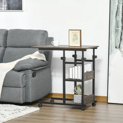 HOMCOM 3-Tier Mobile Side Table, C-Shaped End Table, Industrial Couch Table with Adjustable Height, Storage Shelves, Rustic Brown