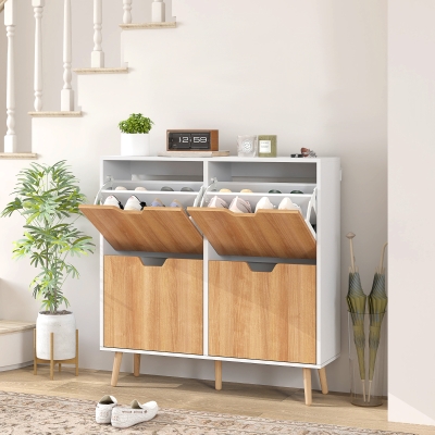 HOMCOM Zapatero Estrecho con 4 Cajones Abatibles y Estantes Ajustables para 16 Pares 95x26x95 cm Natural y Blanco