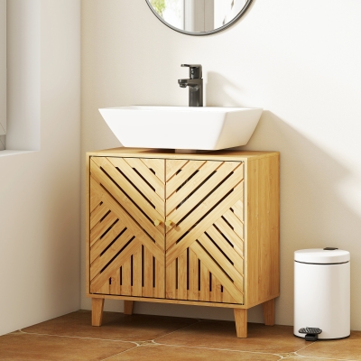 HOMCOM Meuble Sous Lavabo Bambou Blanc avec Étagère 60x30x60 cm