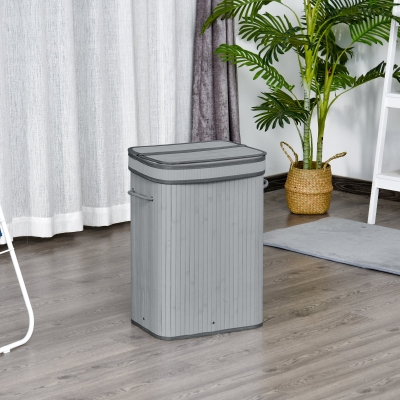 HOMCOM 70 Litre Foldable Wood Laundry Basket A Compartment with Flip Lid Removable Lining Handles Dirty Clothes Storage Grey