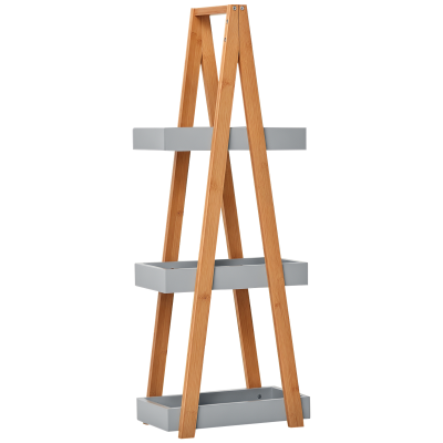 kleankin Badregal 3 Ebenen Treppenregal Leiterregal Badezimmer MDF Bambus Grau 30 x 18 x 81 cm