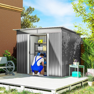 Outsunny Cobertizo de Jardín Exterior 4,5 m² 260x194x200 cm con Paneles Frontales Transparentes y 2 Puertas Corredizas Gris