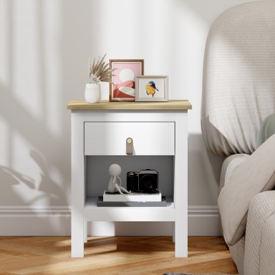 HOMCOM Mesilla de Noche con 1 Cajón Compartimento Abierto Tirador de PU Mesa Auxiliar para Salón Dormitorio 45x40x55 cm Blanco