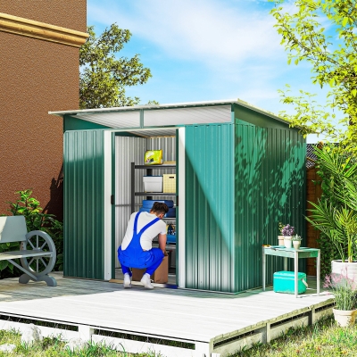 Outsunny Cobertizo de Jardín Exterior 4,5 m² 260x194x200 cm con Paneles Frontales Transparentes y 2 Puertas Corredizas Verde