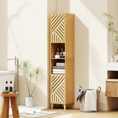 HOMCOM Columna de Baño Estrecha con Puertas y Patas de Bambú Estantes Ajustables Compartimento Abierto 32x30x170 cm Natural
