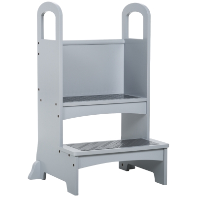 HOMCOM Toddler Tower Kitchen Helper for Children with 2 Non-Slip Steps and Support Handles, Grey