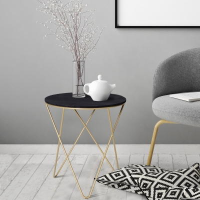 HOMCOM Round End Table, Sofa Side Table with Wood Grain Top and Metal Crossed Legs, Accent Coffee Table for Living Room, Bedroom, Black, Gold Tone