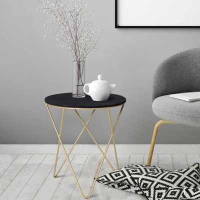 HOMCOM Round End Table, Sofa Side Table with Wood Grain Top and Metal Crossed Legs, Accent Coffee Table for Living Room, Bedroom, Black, Gold Tone